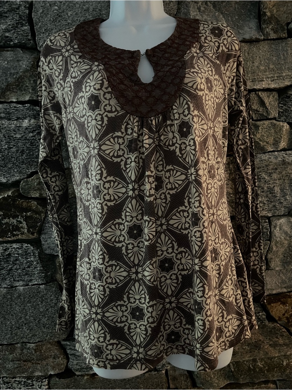 Brown & Cream Long-Sleeve Printed Top with Textured Yoke